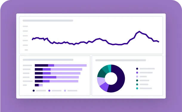 A dashboard interface displaying data visualisations, including a line graph, bar chart, and pie chart