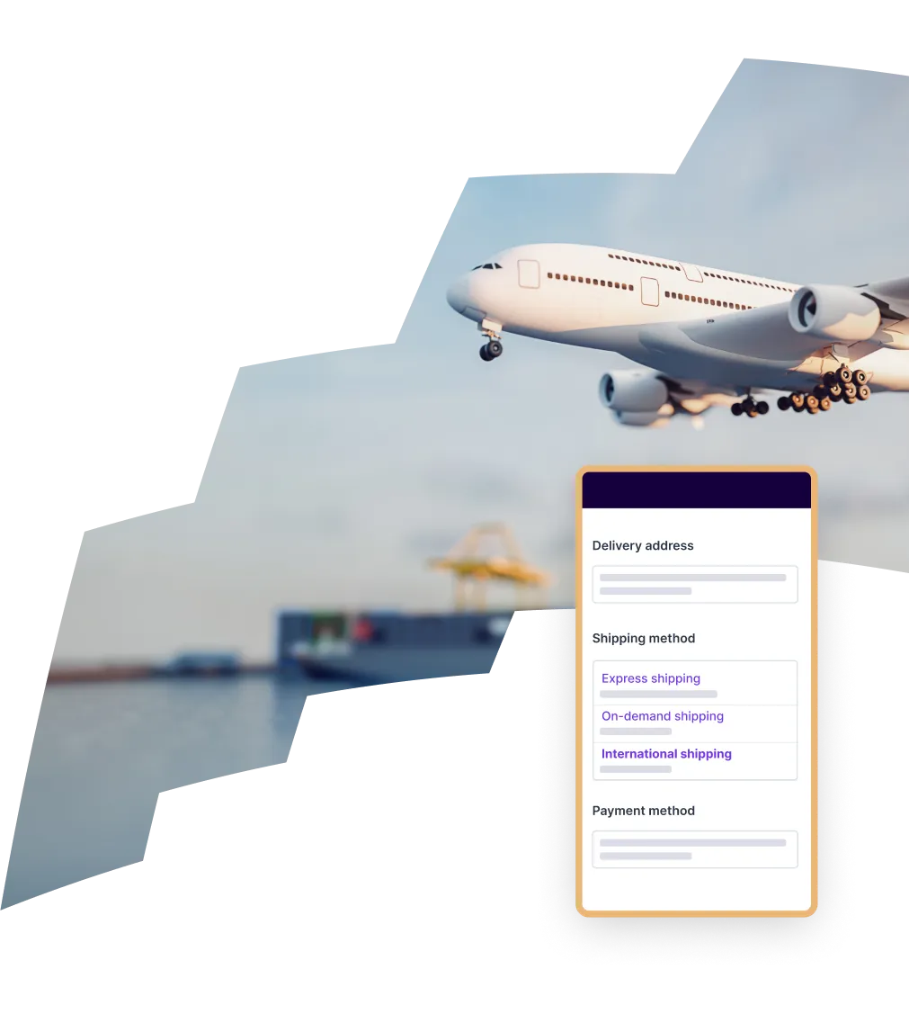  A man and woman smiling while reviewing information on a tablet, with a shipping options interface displayed, offering choices like Express shipping, Priority shipping, and On-demand delivery.