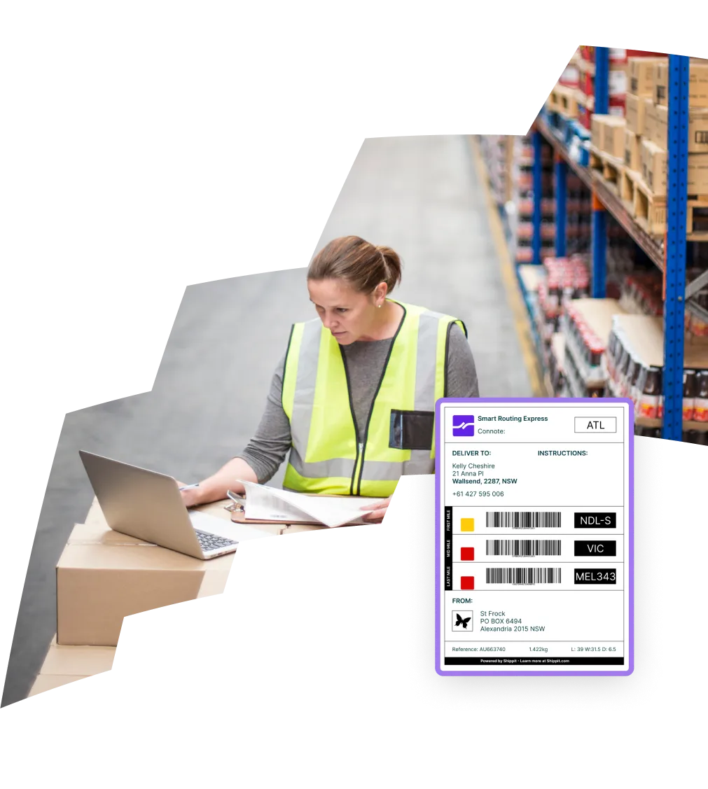 A warehouse worker uses a laptop near a stack of boxes, while shipping labels, package presets, and a rules engine interface for parcel management are displayed.