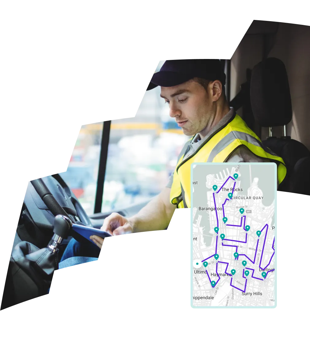  A delivery driver sits in a vehicle, while a job assignment interface displays a map with four unassigned delivery stops and options for automatic route optimisation.