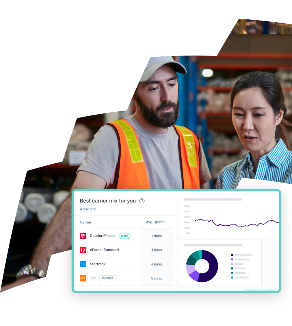  A warehouse worker and manager review delivery options, with an interface displaying carrier choices based on speed and preferences for the cheapest or fastest option. There's also an option to upgrade standard orders to express if cheaper.