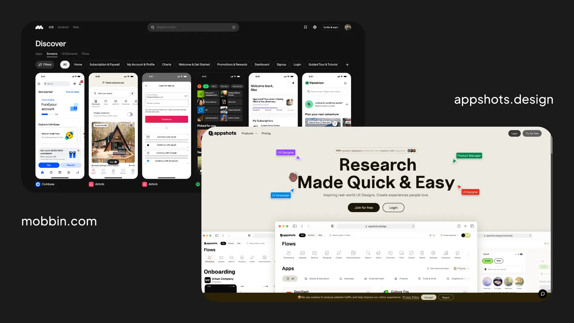 screenshots of mobbin and app shots websites
