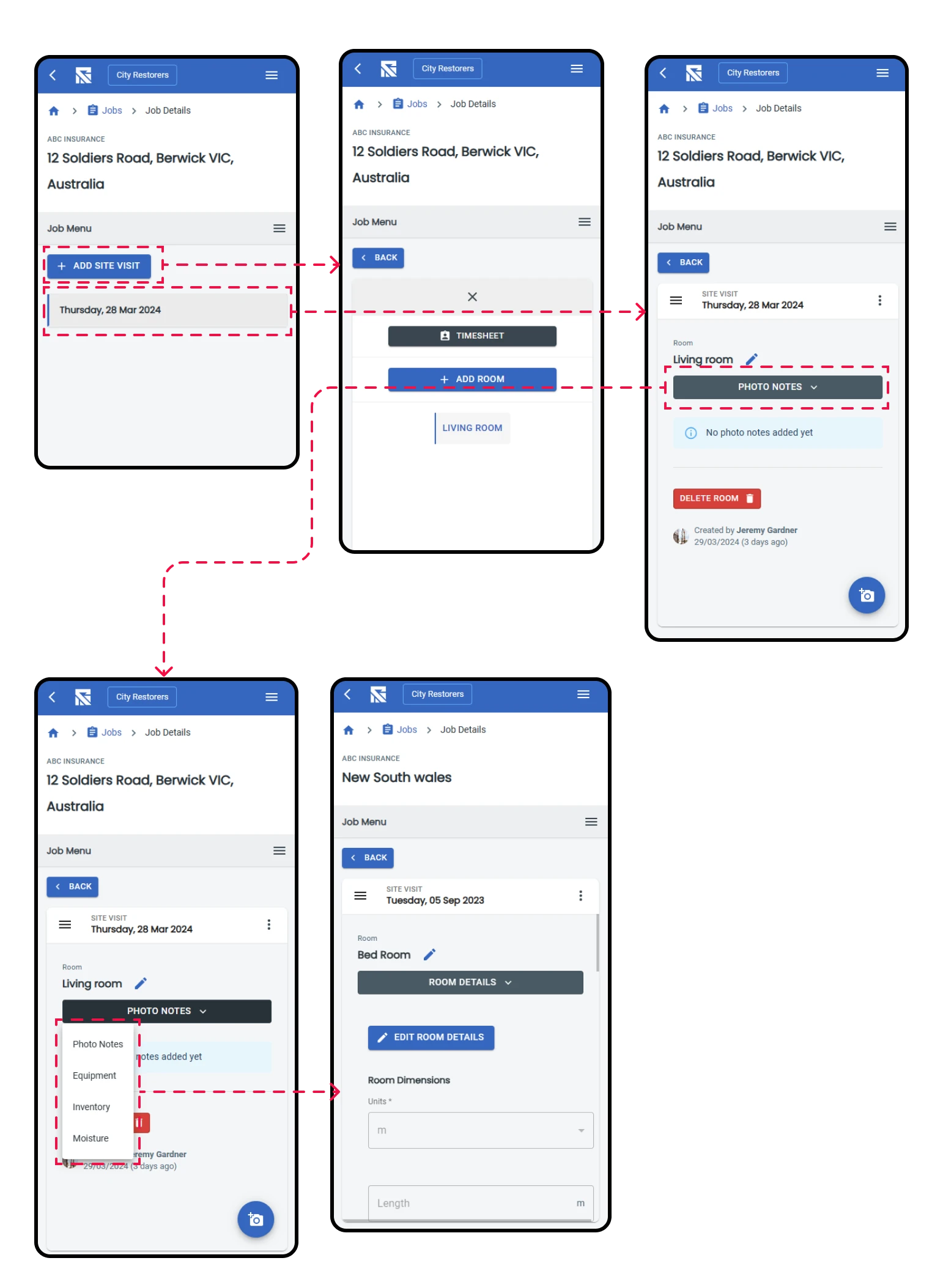 Screenshots of different screens with arrows connecting them 
