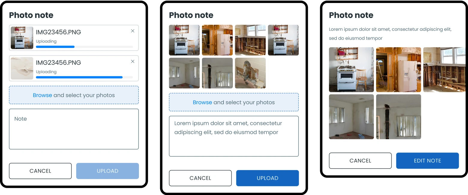 Screenshots set in a row of a photo upload