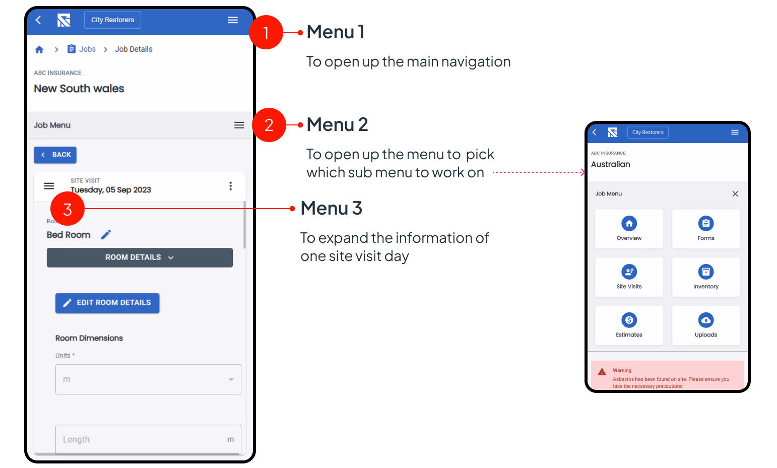 screenshots showing the issue of the application having 3 menus 
