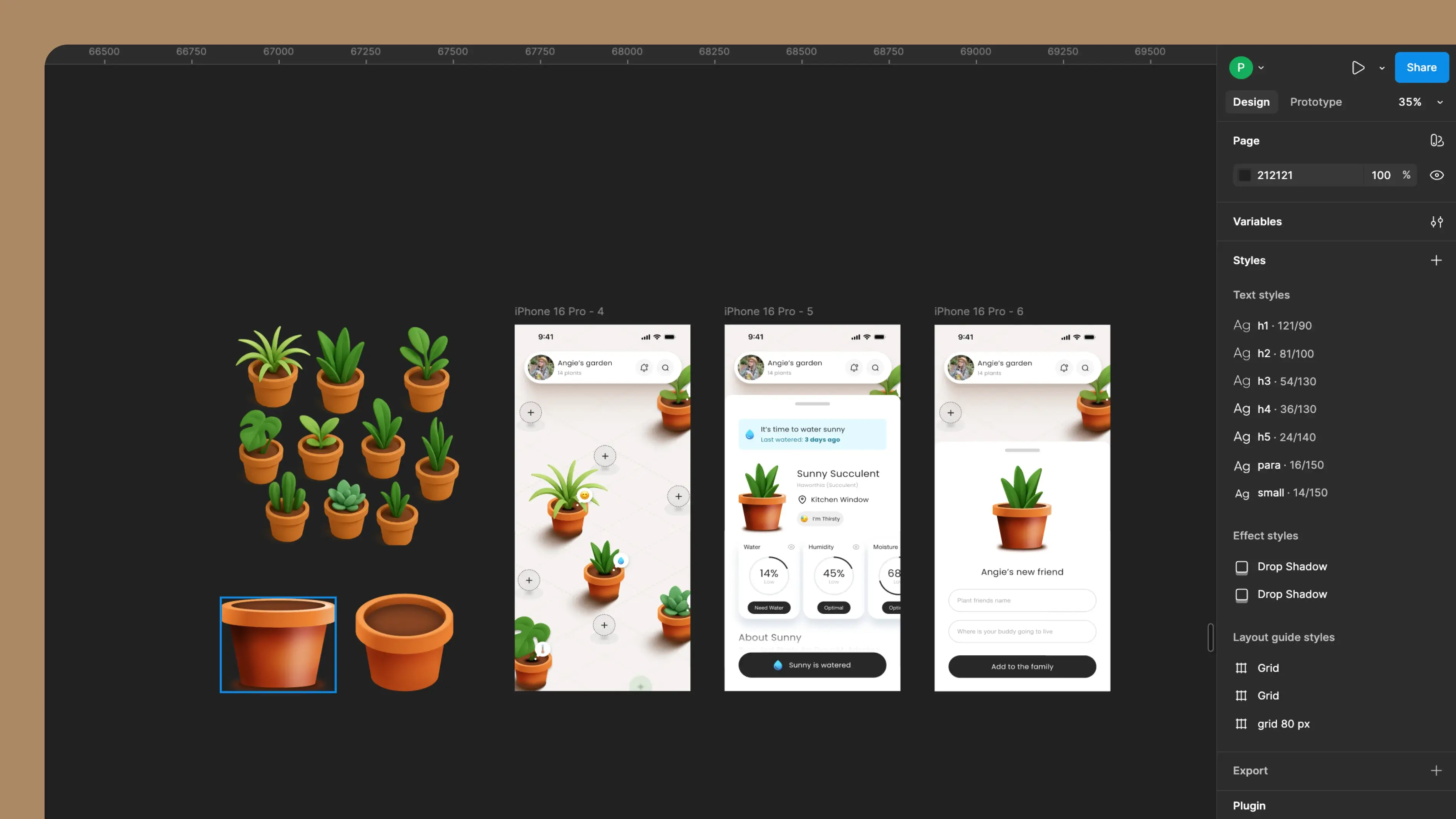 Digital design workspace showing potted plant icons and three mobile app screens for a plant care app called Angie's garden.