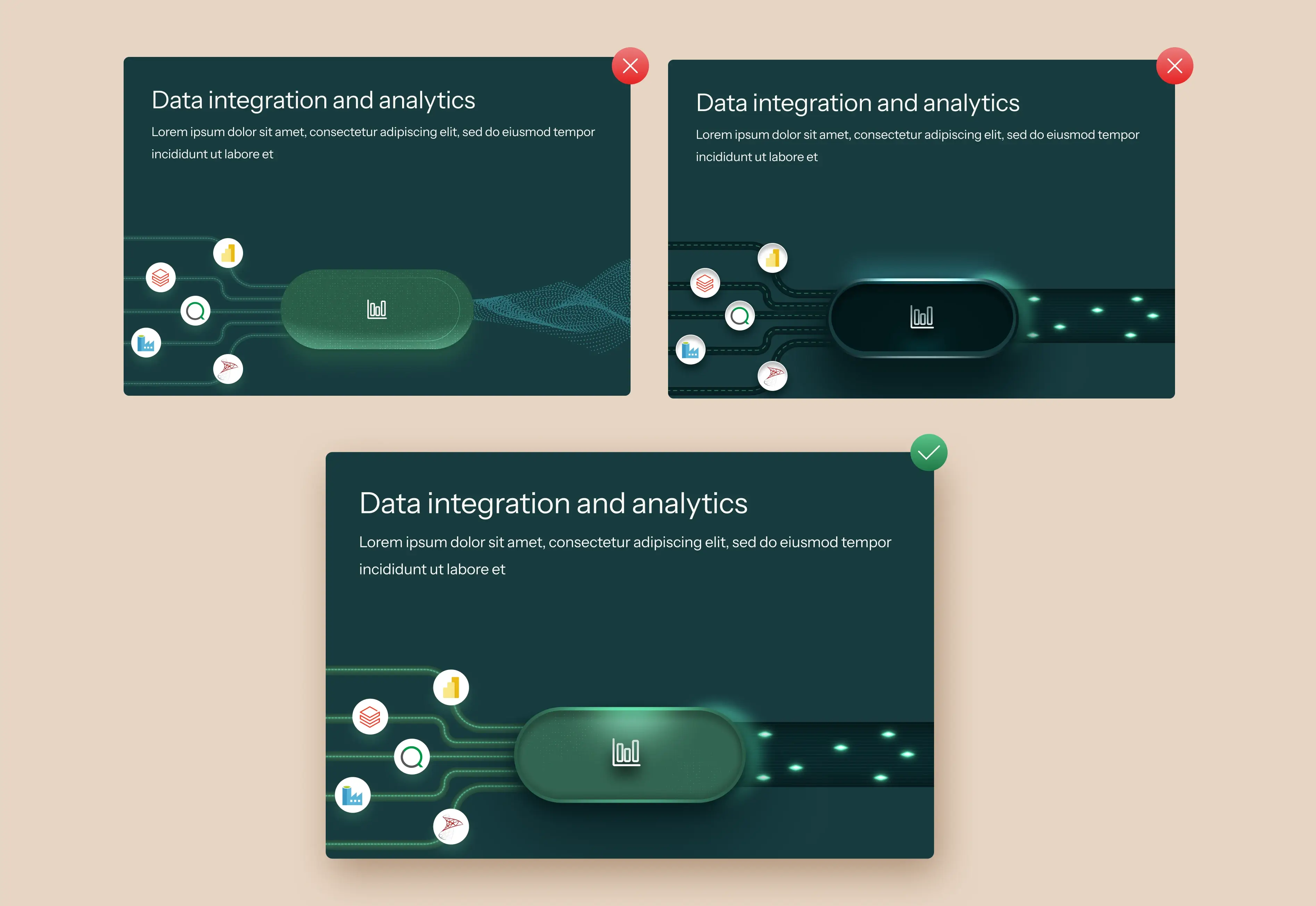 Three stylized data integration and analytics diagrams with flow lines and icons, showing two incorrect examples marked with red X and one correct example marked with green check.