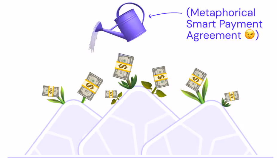 A Smart Payment Agreement metaphor with a watering can watering little plants growing money