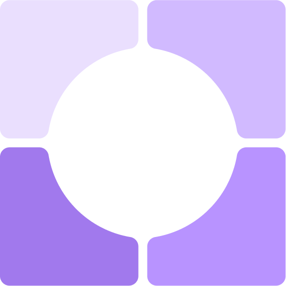 Abstrakte kreisförmige Form, bestehend aus vier Rechtecken mit abgerundeten Ecken in verschiedenen Violetttönen.