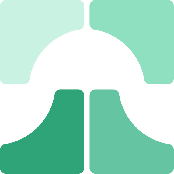 Ein abstraktes Design mit vier abgerundeten Formen in verschiedenen Grüntönen, die ein symmetrisches Muster bilden.