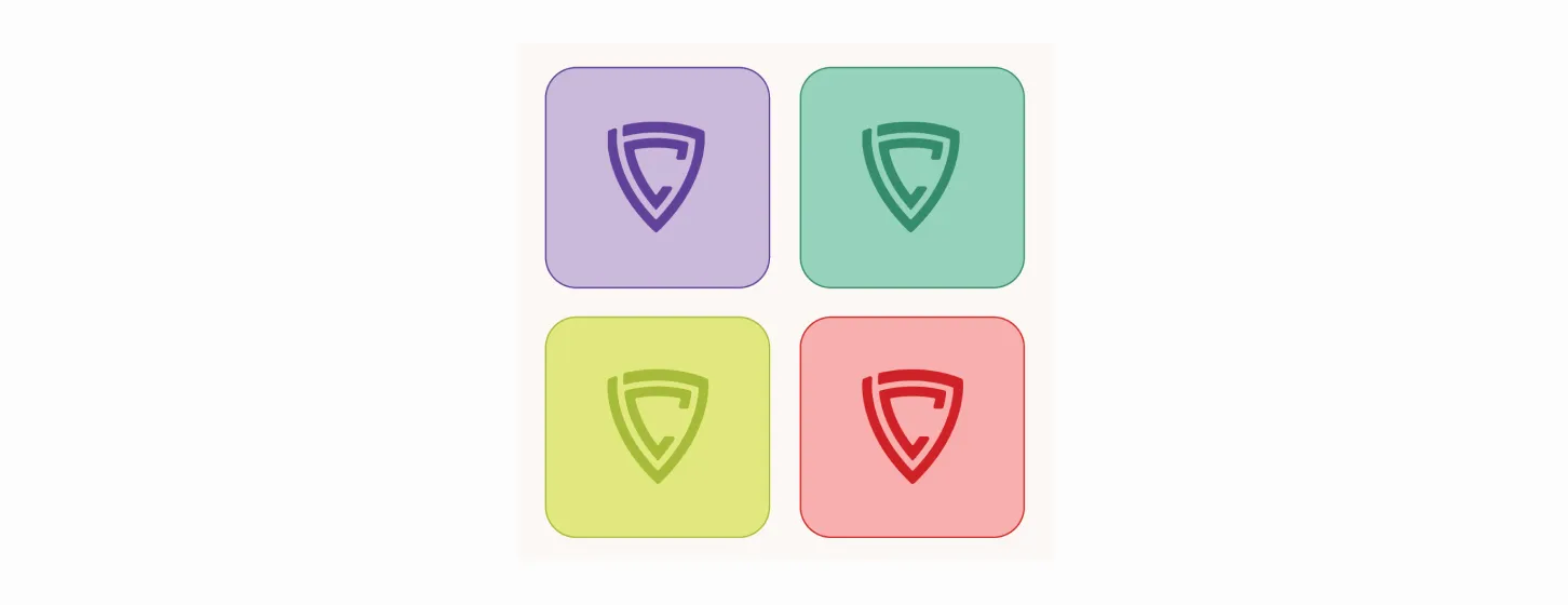 Four square badges in pastel colors with a stylized shield emblem, arranged in a 2x2 grid.