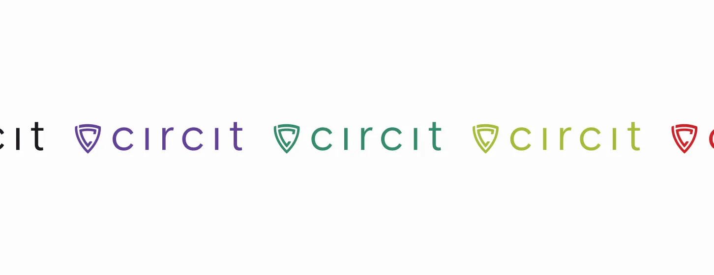 Four variations of the word 'circlt' each paired with a shield-like logo in black, purple, green, yellow, and red colors respectively.
