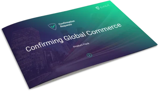 Brochure cover titled 'Confirming Global Commerce' featuring the Confirmation Requests product pack with a cityscape background.