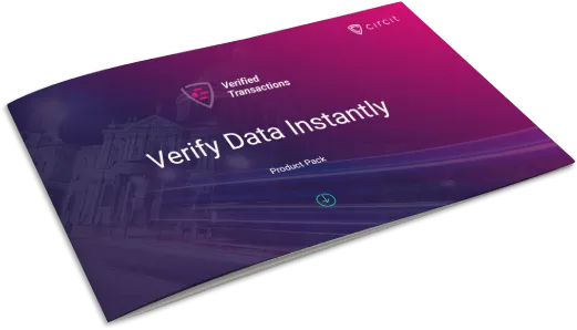 Product brochure cover titled 'Verify Data Instantly' with Verified Transactions and Circat logos on a purple and pink gradient background.