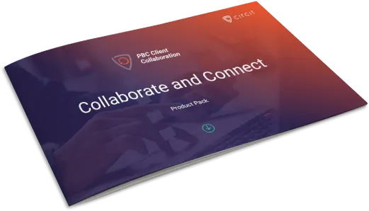 Brochure cover titled 'Collaborate and Connect' for PBC Client Collaboration product pack, with a hands-on keyboard background and Circa logo.