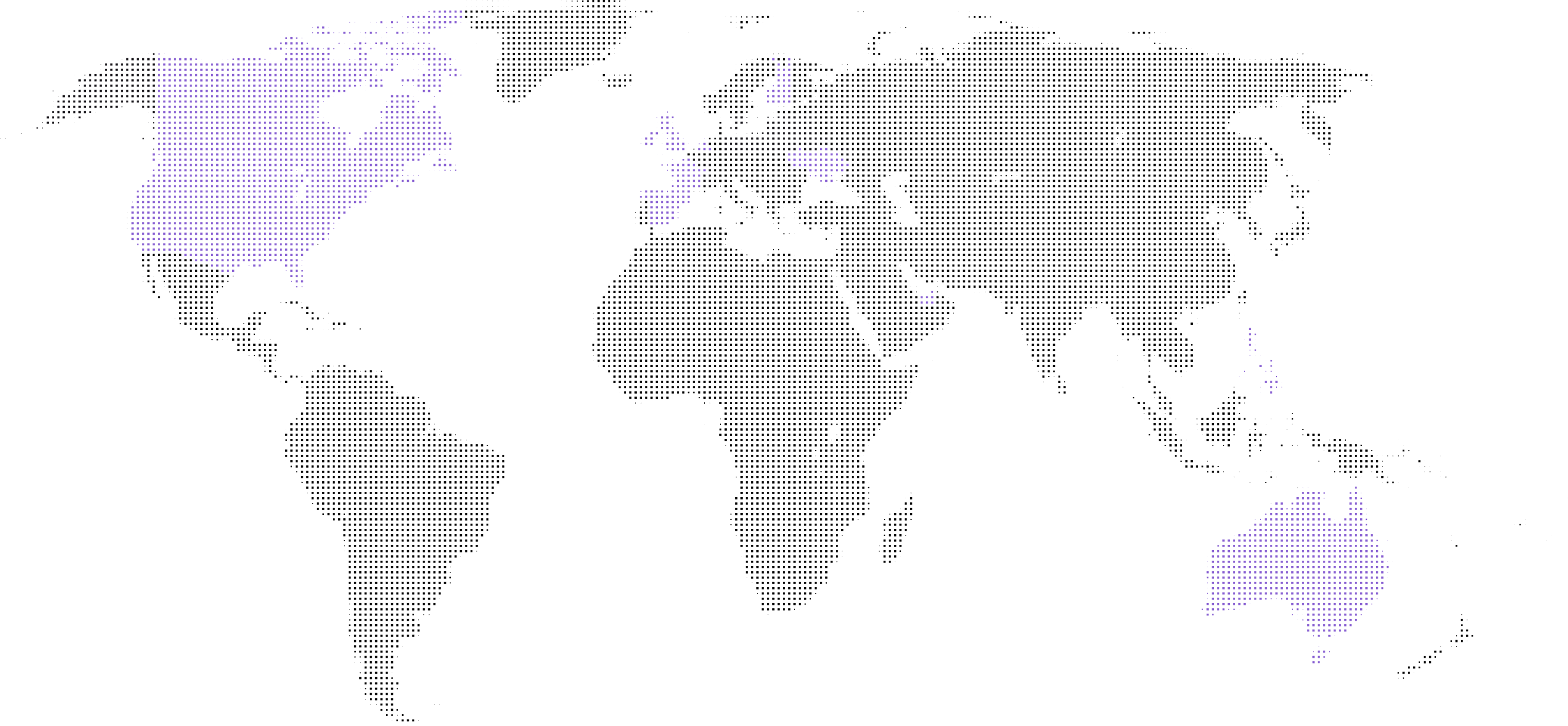 Weltkarte aus violetten Punkten, auf der Nordamerika, Europa und Australien hervorgehoben sind.