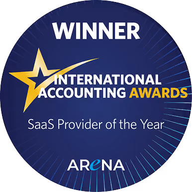 Winner badge for International Accounting Awards, SaaS Provider of the Year, awarded to Arena.