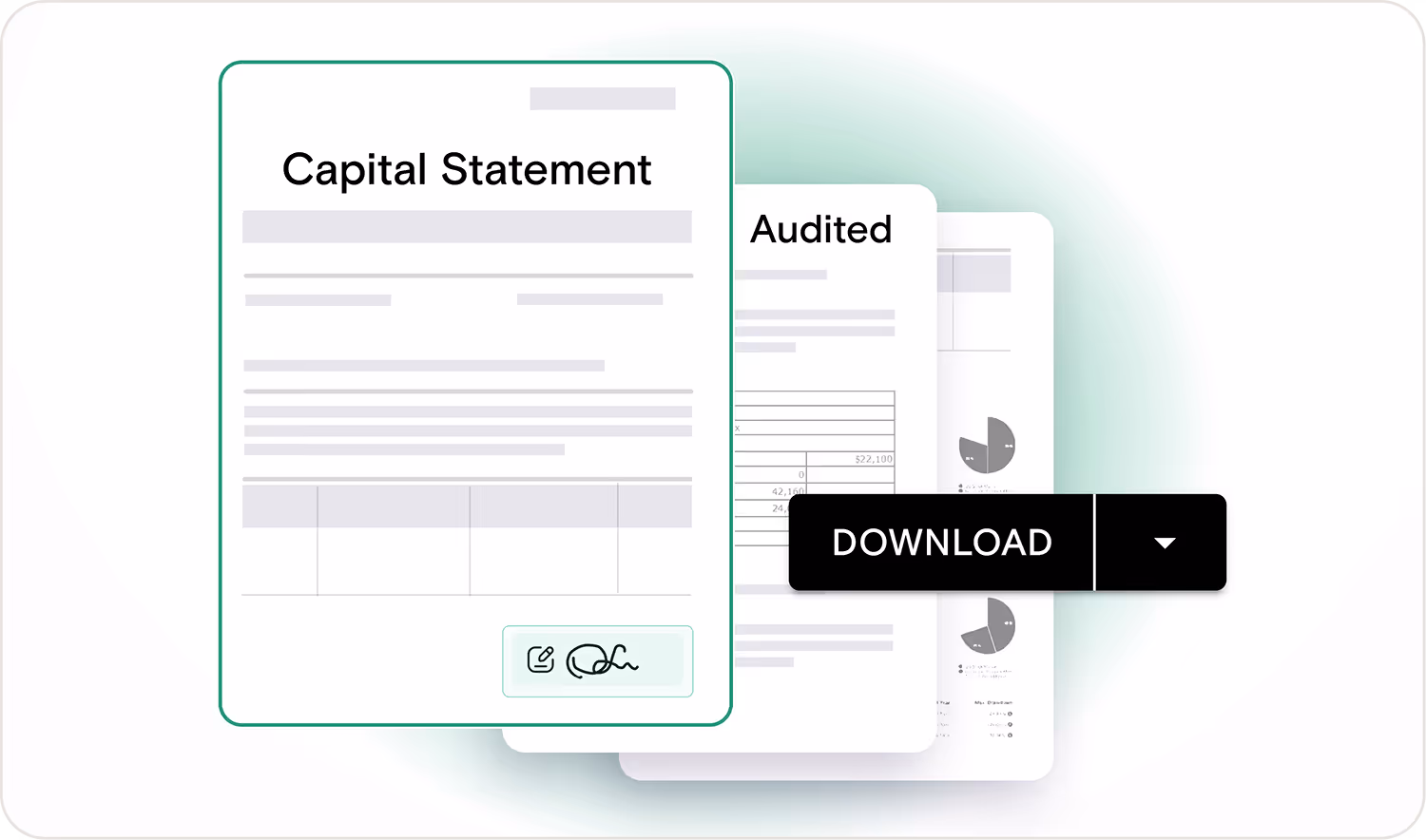 Ein Stapel Finanzdokumente, darunter eines mit dem Titel „Kapitalaufstellung“ und einem darüberliegenden schwarzen Download-Button.