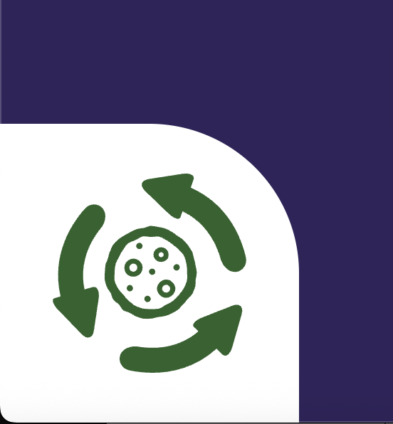 Grüne, kreisförmige Pfeile, die ein Pizzastück-Symbol auf weißem und dunkelblauem Hintergrund umgeben.