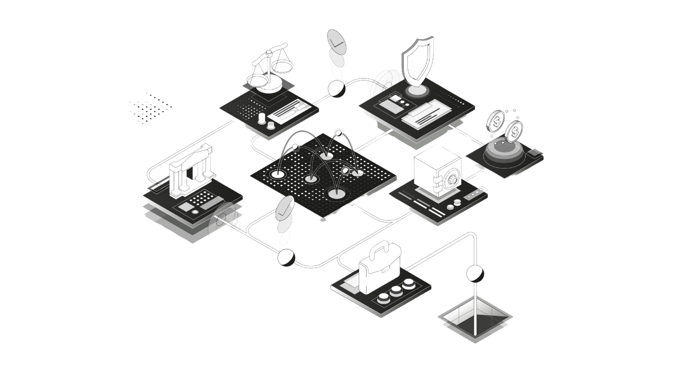 Isometric illustration showing interconnected technology platforms with icons representing legal scales, shield security, data cubes, coins, and a briefcase, all linked by circuitry lines to a central hub symbolizing network and data flow.