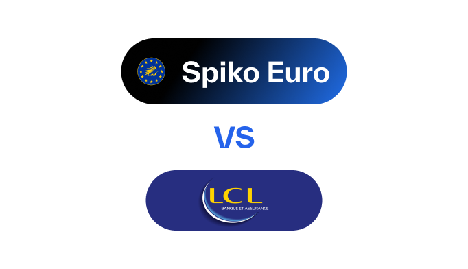 Graphic showing a comparison titled 'Spiko Euro vs LCL' with Spiko Euro logo on top and LCL logo below on a black background.