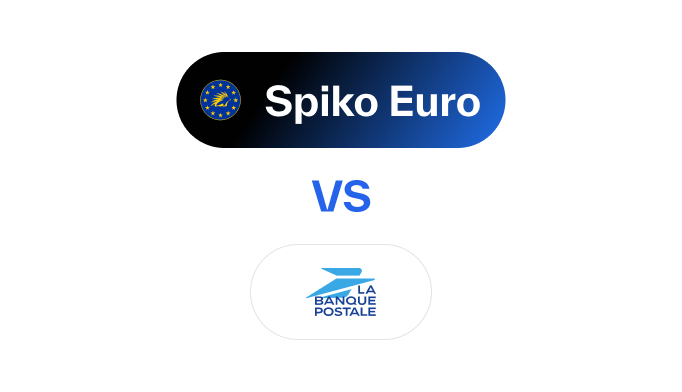 Comparison graphic showing Spiko Euro with euro symbol versus La Banque Postale logo.