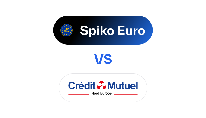 Comparison image showing Spiko Euro logo with European Union stars on a blue gradient shape above the word 'VS' and Crédit Mutuel Nord Europe logo below on a white rounded rectangle.