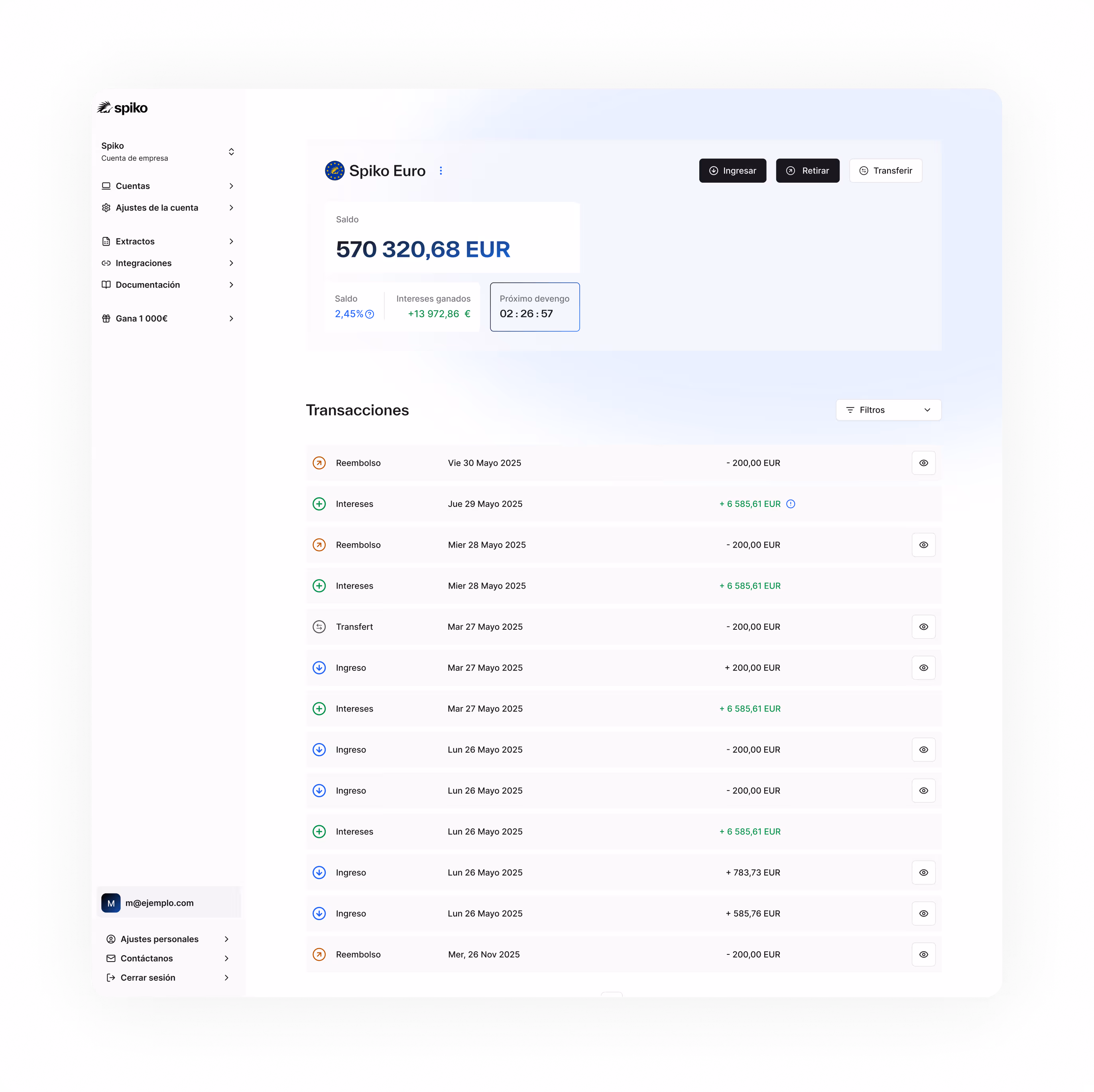 Bank account interface showing Spiko Euro balance of 570,320.68 EUR with transactions including reimbursements, interests, transfers, and deposits dated from November 2025 to May 2025.