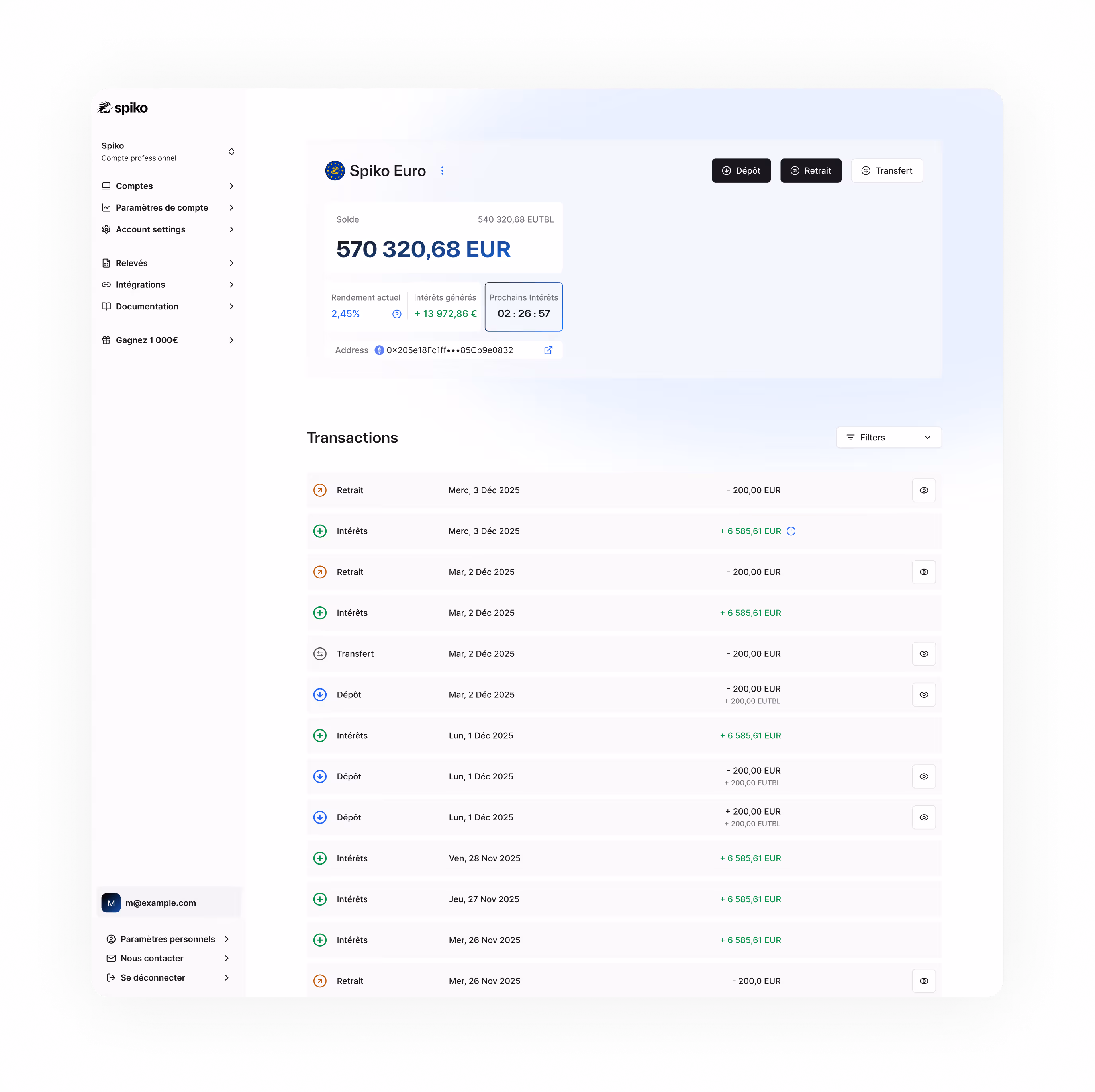 Spiko Euro account dashboard showing a balance of 570,320.68 EUR with interest generated, next interest countdown, and a list of recent transactions including deposits, withdrawals, transfers, and earned interest.