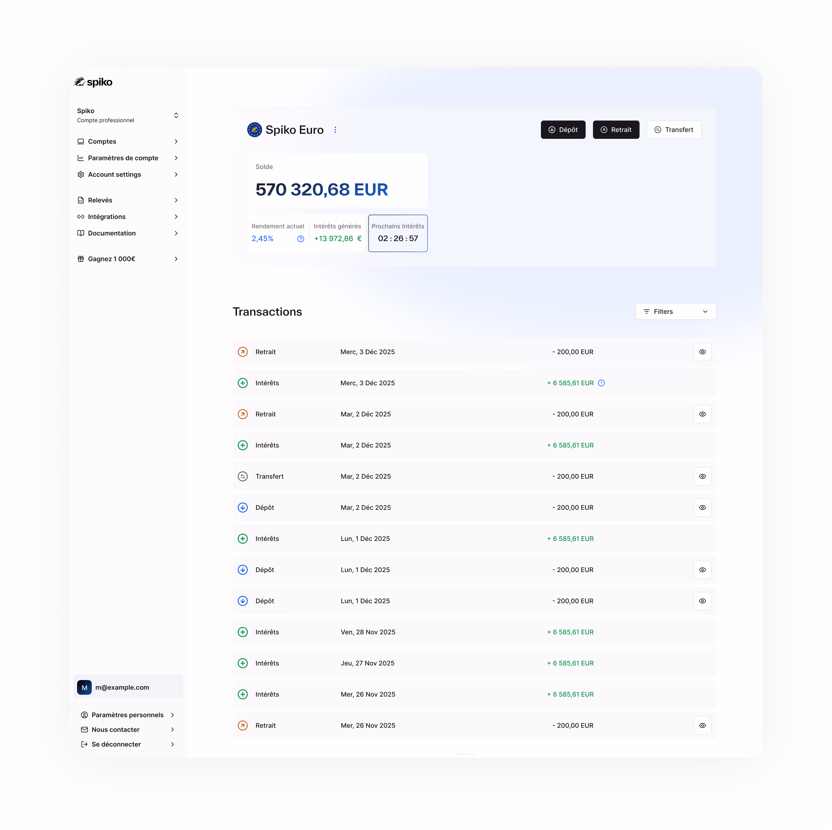 Spiko Euro account dashboard showing a balance of 570,320.68 EUR, current yield 2.45%, generated interest 13,972.86 EUR, and transaction history with deposits, withdrawals, transfers, and interest entries dated from November 26 to December 3, 2025.