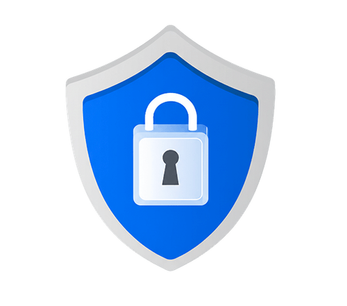 Blue shield with a white padlock symbol in the center representing security or protection.