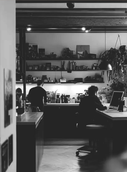 Black and white photo of two people working in a kitchen with shelves full of kitchenware and hanging plants.