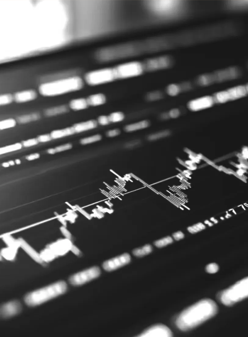 Black and white close-up of a fluctuating financial candlestick chart on a digital screen.