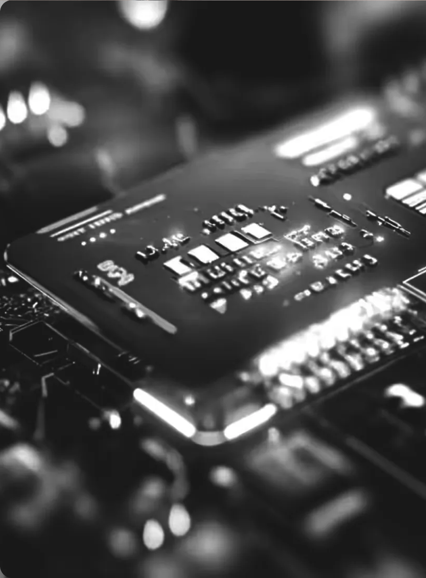 Close-up of a computer microchip or processor on a circuit board with blurred background.