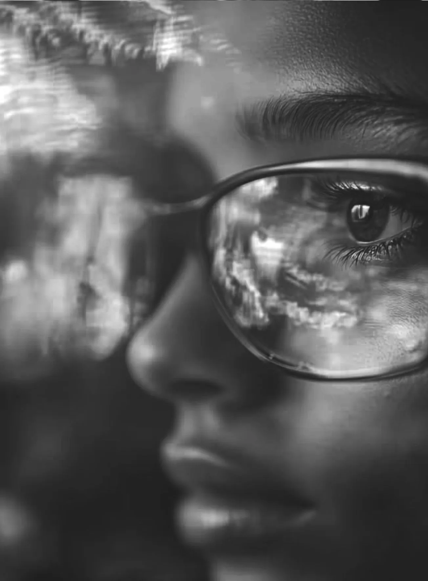 Close-up of a person's face wearing glasses reflecting a computer screen with code.