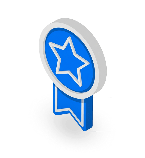 3D blue medal icon with a star in the center and a ribbon below casting a shadow.