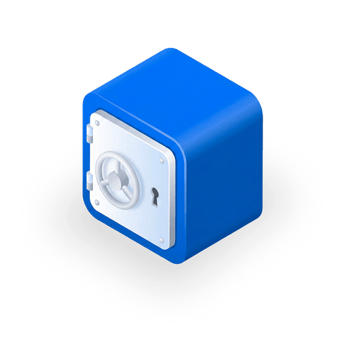 Blue 3D safe vault with a white door, a round handle, and a keyhole.