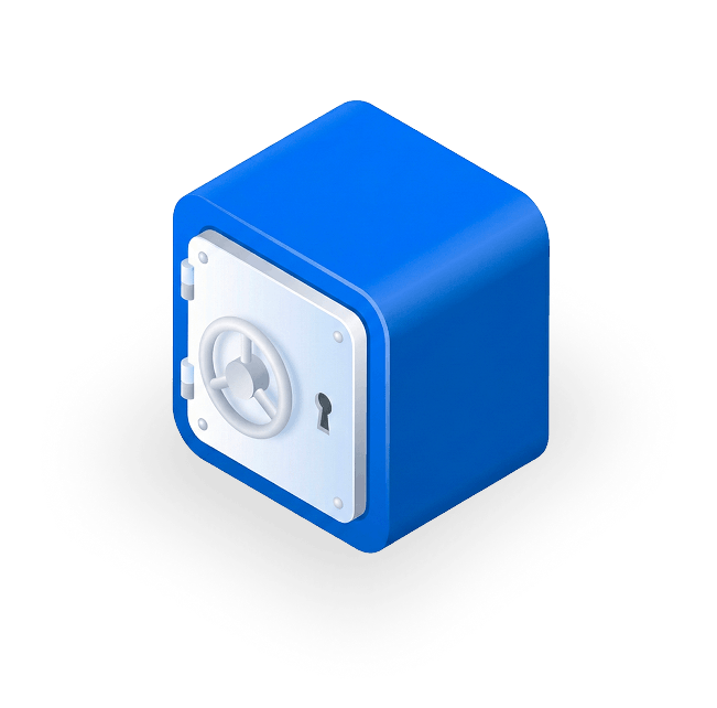 Blue 3D safe vault with a white door, a round handle, and a keyhole.