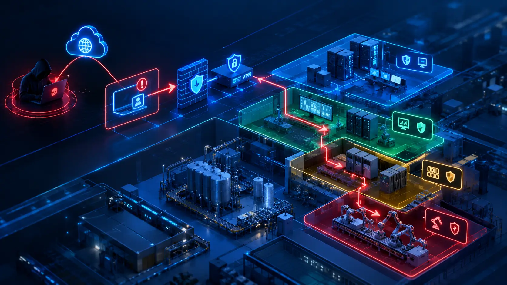 Attack path from perimeter remote access into segmented OT network zones