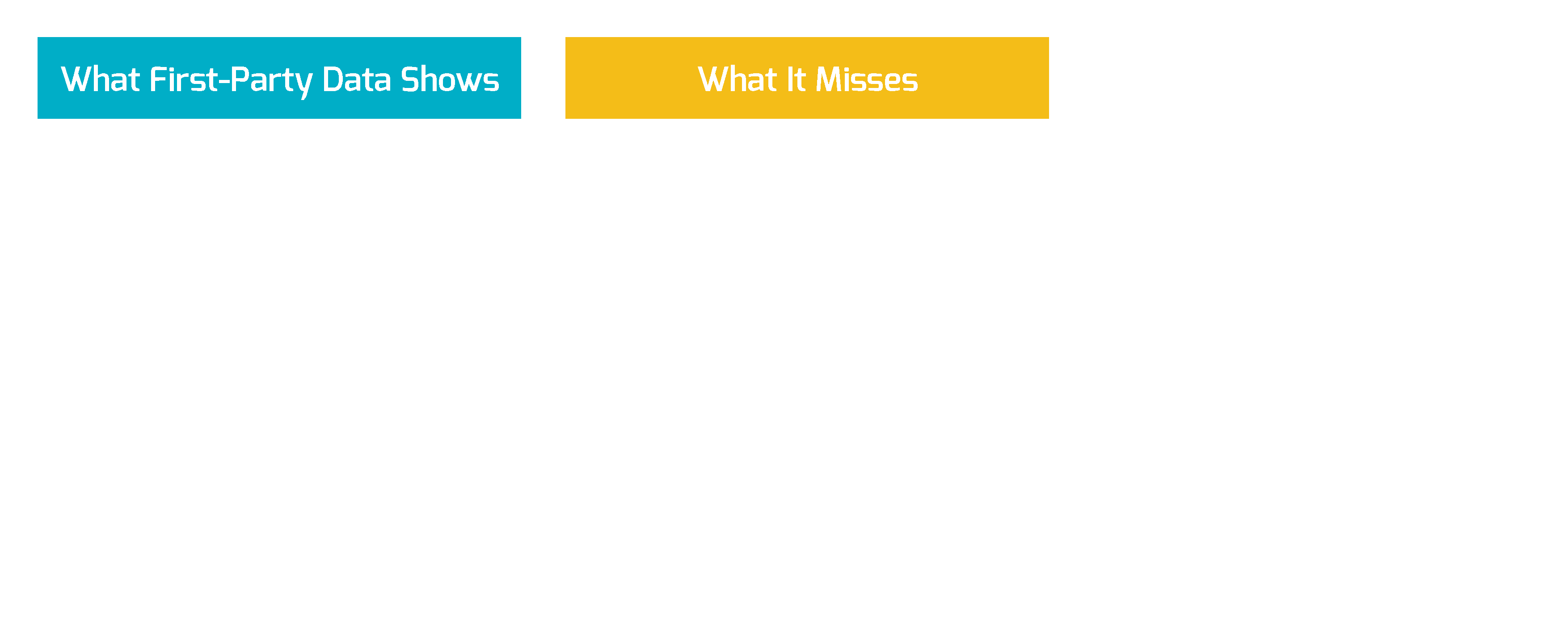 Comparison table: What first-party data shows (purchase frequency, feature engagement, email open rates, conversion funnel performance, customer lifetime value) versus what it misses (competitor apps used, product discovery sources, category consideration triggers, cross-platform behavior, daily routines and context)