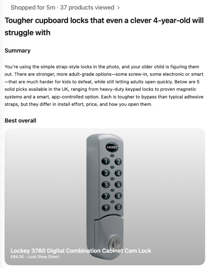 AI shopping interface displaying £94 professional cabinet lock as top recommendation for basic child safety query, demonstrating trust-eroding product suggestion mismatch