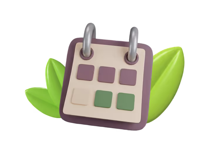 3D illustration of a small calendar with purple and green blocks, accompanied by two green leaves.
