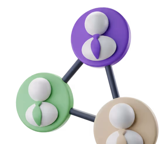 Three circular icons with stylized white person figures wearing ties connected by black lines, in purple, green, and beige colors.