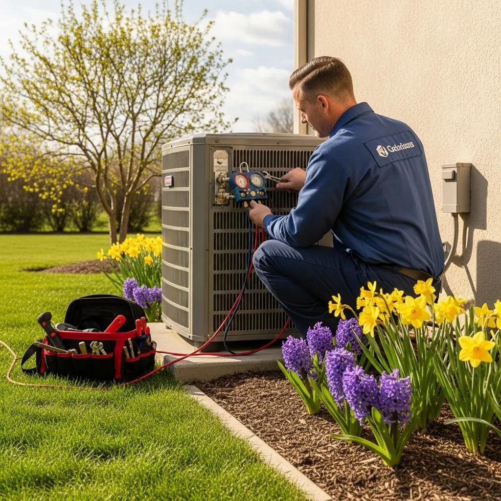 Technician performing HVAC maintenance on an air conditioning unit in a spring setting