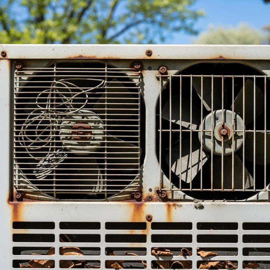Malfunctioning air conditioning unit showing signs of wear in a spring setting