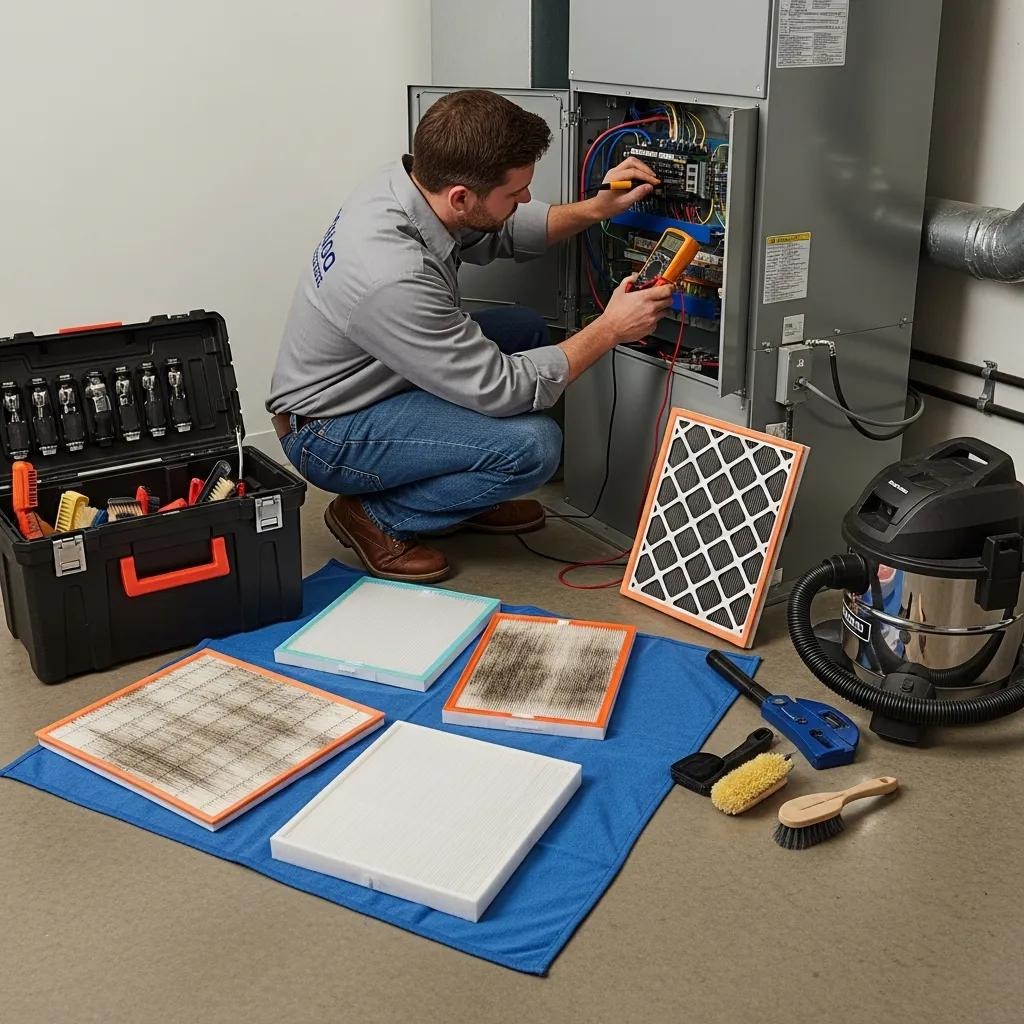 HVAC technician inspecting an air conditioning system for maintenance