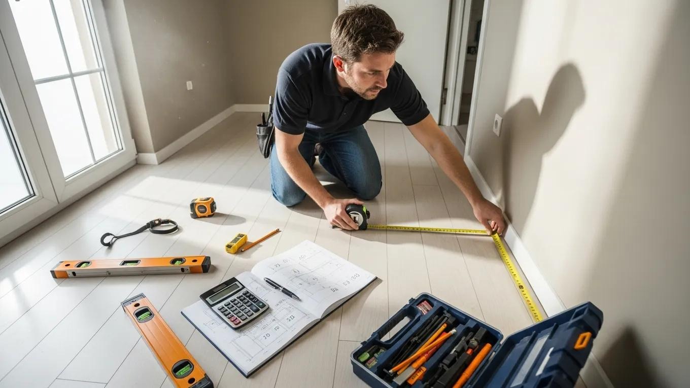 Person measuring room dimensions for accurate AC load calculation