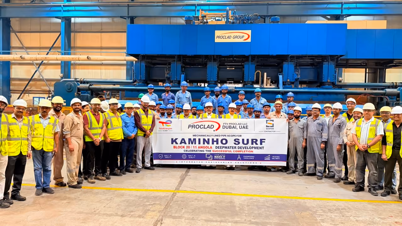Proclad team in Dubai celebrating completion of the mechanically lined pipe scope for Kaminho SURF