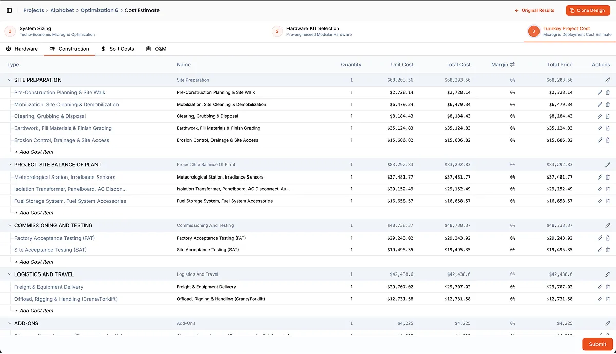EASI Turnkey Cost Screenshot