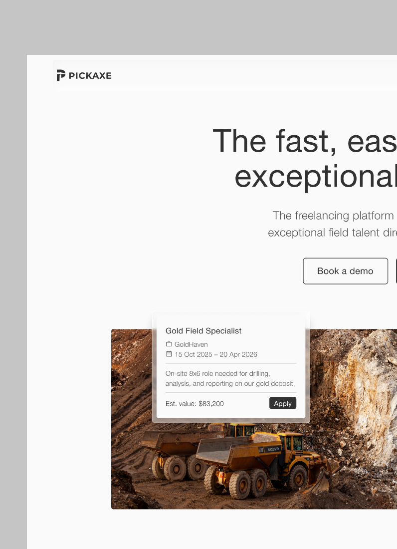 Mining trucks at a gold excavation site with an overlay showing a job listing for a Gold Field Specialist role dated Oct 2025 to Apr 2026 with $83,200 estimated value.